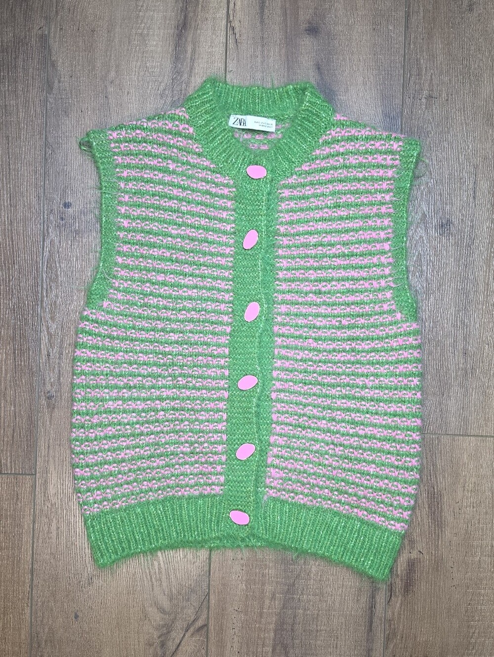 Zara Green & Pink Striped Fuzzy Knit Button-Front Sweater Vest